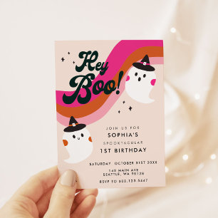 Invitation Super Retro Cute Ghost Hey Boo 1er Anniversaire