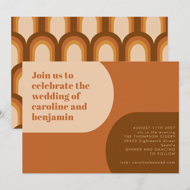Invitation Super Rétro les années 70 Arche Forme Tan Mariage  (Devant / Derrière)