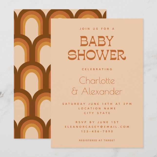 Invitation Super Retro les années 70 Design Brown Baby shower (Devant / Derrière)