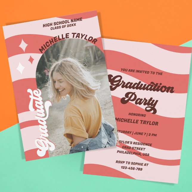 Invitation Super Retro les années 70 Graduation Rose Rouge Vi (modern retro groovy red pink arch photo)