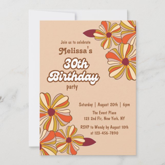 Invitation Super Retro les années 70 Hippie Flower 30e annive (Devant)