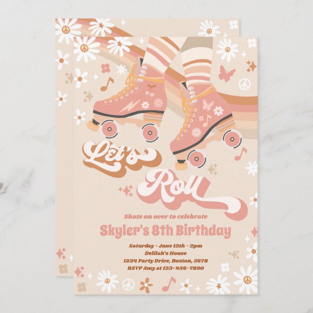 Invitation Super Retro Rainbow Roller Patinage Anniversaire f (Devant / Derrière)