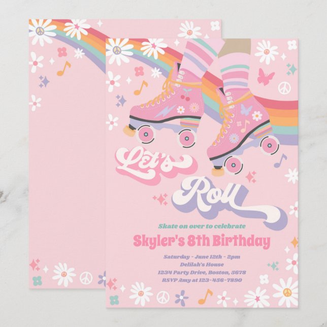 Invitation Super Retro Rainbow Roller Patinage Anniversaire f (Devant / Derrière)