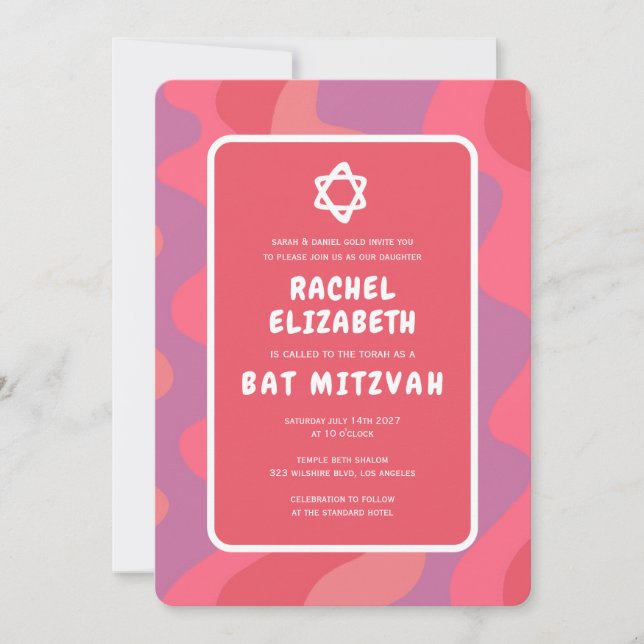 Invitation Super rose Waves Star de David Bat mitzvah personn (Devant)