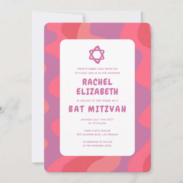 Invitation Super rose Waves Star de David Bat mitzvah personn (Devant)