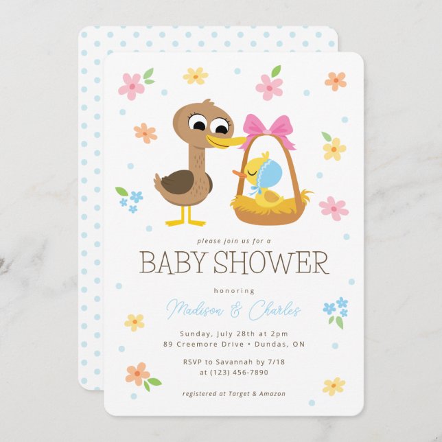 Invitation Super simple | 5 Baby shower Garçon Petit Canards (Devant / Derrière)