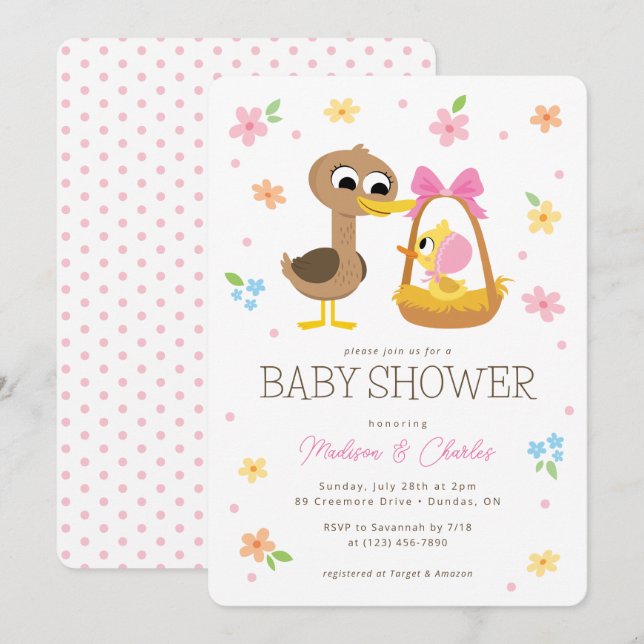 Invitation Super simple | 5 Petits canards Baby shower fille (Devant / Derrière)