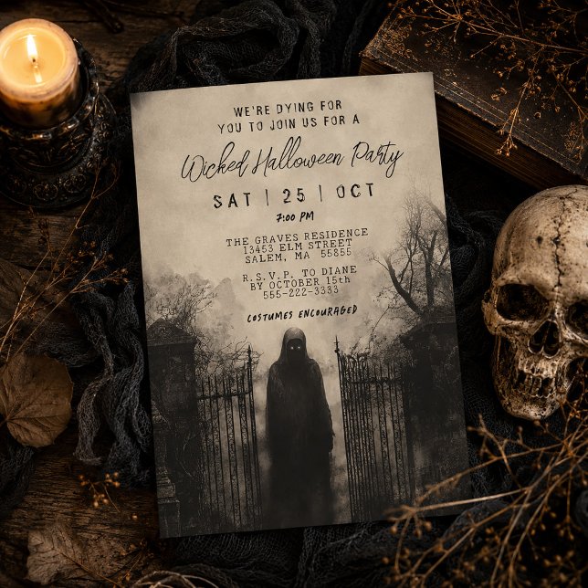 Invitation Super Spooky Grim Reaper Fête d'Halloween Méchante (Super Spooky Grim Reaper Wicked Halloween Party Invitation)