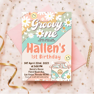 Invitation Super Un Retro Daisy Arc-en-ciel Premier anniversa