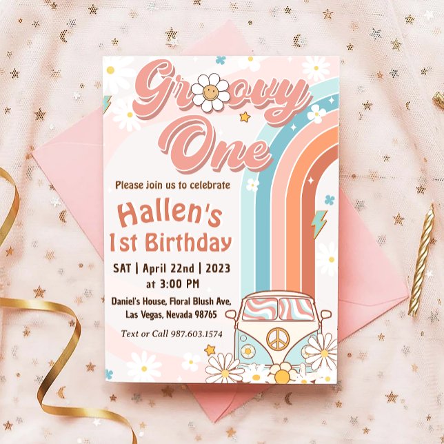 Invitation Super Un Retro Daisy Arc-en-ciel Premier anniversa (Créateur téléchargé)