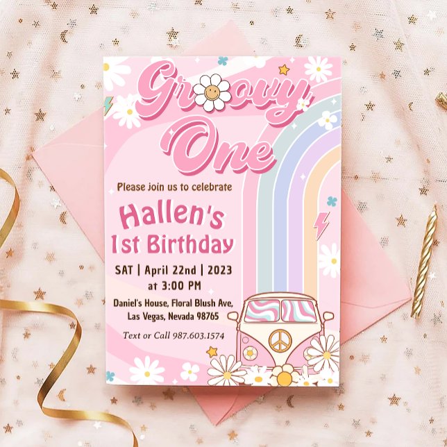 Invitation Super Un Retro Daisy Arc-en-ciel Premier anniversa (Créateur téléchargé)