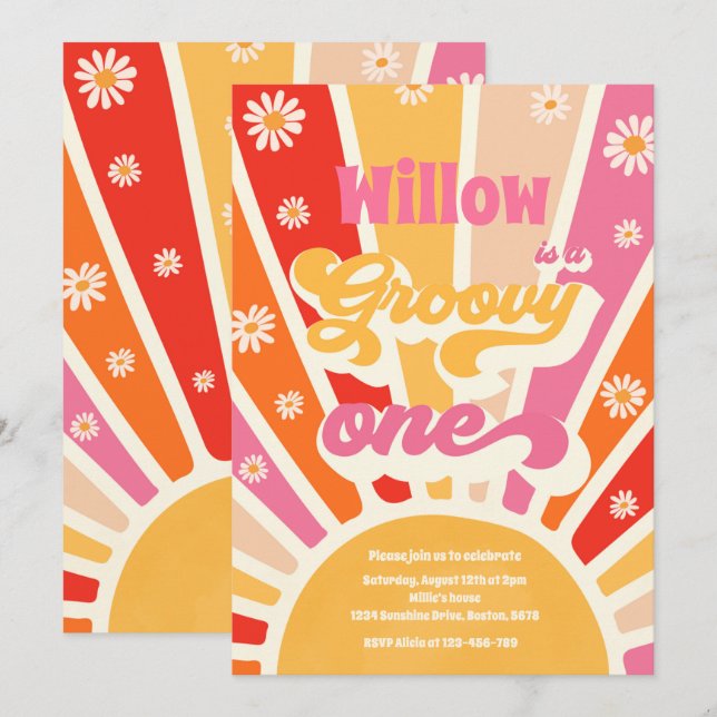 Invitation Super Une Hippie 1er Anniversaire Sunshine Daisy (Devant / Derrière)