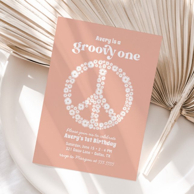 Invitation Super une les années 70 rose marguerite 1er annive (Créateur téléchargé)