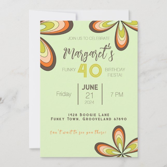 Invitation Super Vert 40 Anniversaire Fête les années 70 Hipp (Devant)