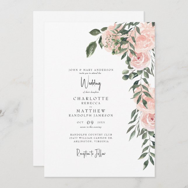 Invitation Superbe aquarelle Blush Floral Blanc Mariage (Devant / Derrière)