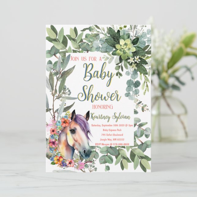 Invitation Superbe aquarelle Floral Horse Baby shower (Debout devant)