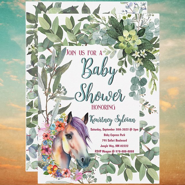 Invitation Superbe aquarelle Floral Horse Baby shower (Horse Lovers Baby Shower Invitations )