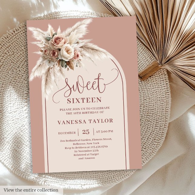 Invitation Superbe Arche Pastel Rose Pampas Floral Boho Seize (Lovely Arch Pastel Pink Pampas Floral Boho Sixteen

)