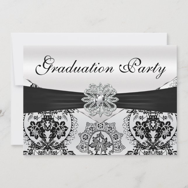 Invitation Superbe Black and Silver Damask Graduation Party (Devant)