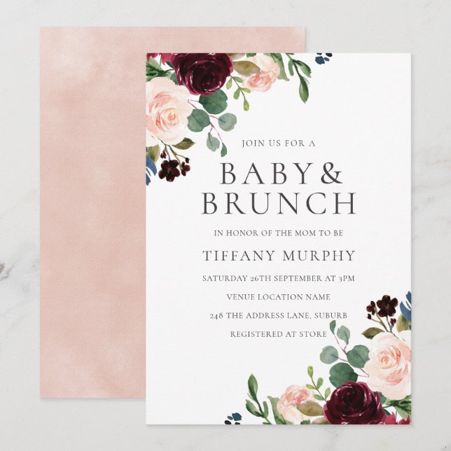 Invitation Superbe Blush Bourgogne Fleurs Baby shower Brunch (Devant / Derrière)