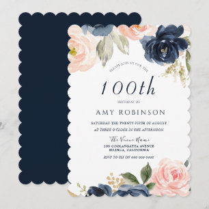Invitation Superbe Blush & Navy Floral 100e fête d'anniversai