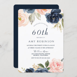 Invitation Superbe Blush & Navy Floral 60e fête d'anniversair