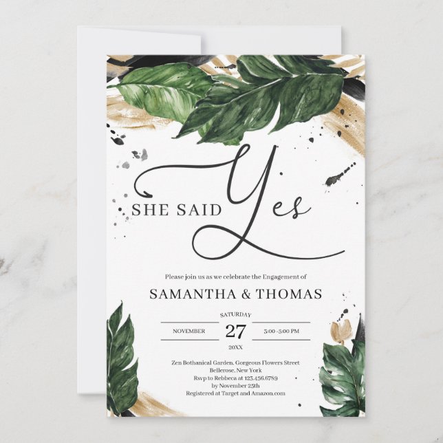 Invitation Superbe boho tropical feuille or elle a dit oui (Devant)