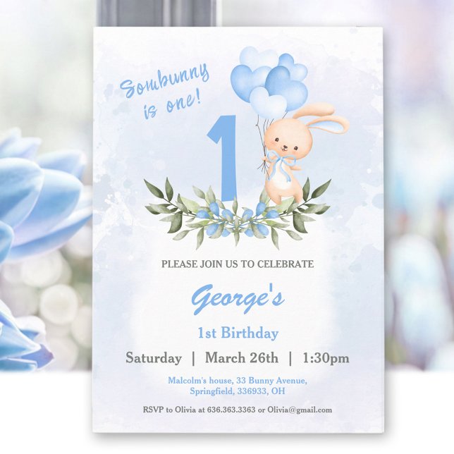 Invitation Superbe Bunny Bleu Vert 1er anniversaire garçon (Cute Bunny Blue Greenery 1st Birthday Boy Invitation)