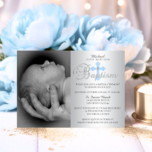 Invitation Superbe Croix Bleue Argent Boy PHOTO Baptême