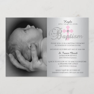 Invitation Superbe croix rose argent Baptême de fille PHOTO