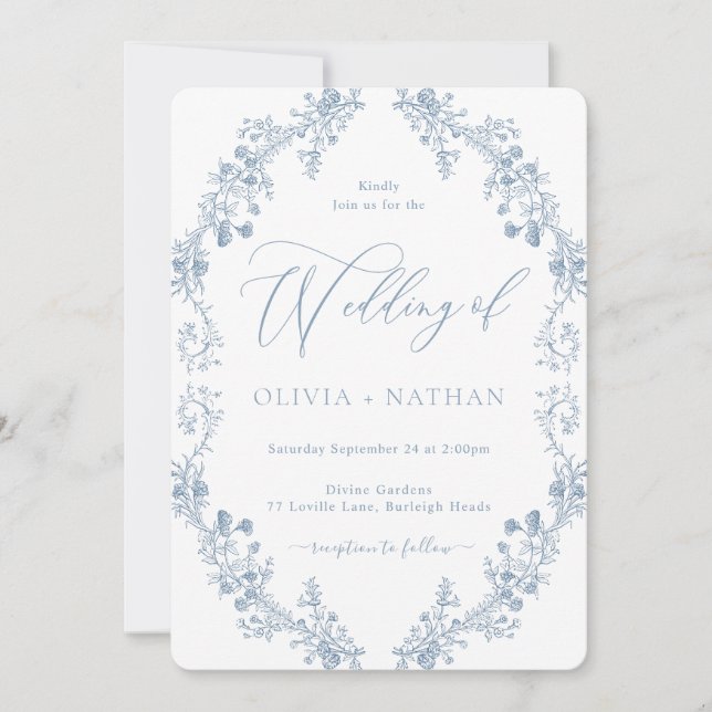Invitation Superbe Elégant Vintage bleu Floral Mariage (Devant)