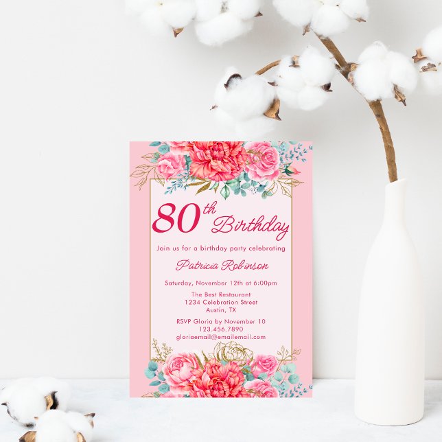 Invitation Superbe Fête d'anniversaire de 80 ans aux fleurs r (Créateur téléchargé)