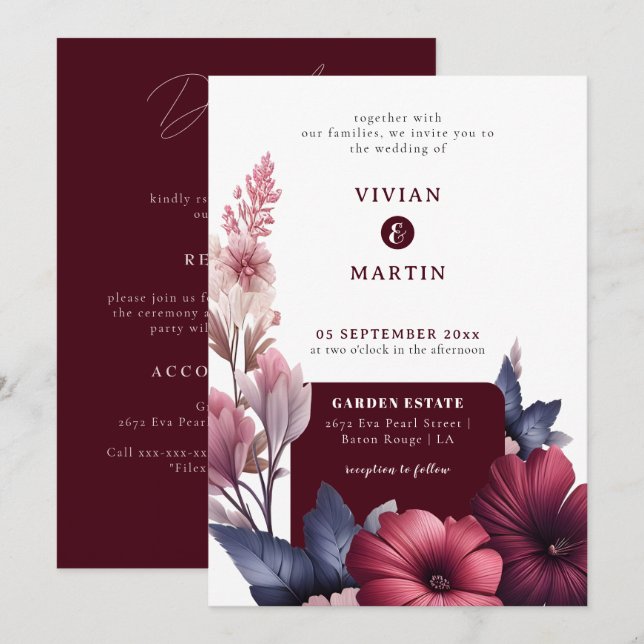 Invitation Superbe Floral Bourgogne tout en un seul Mariage (Devant / Derrière)