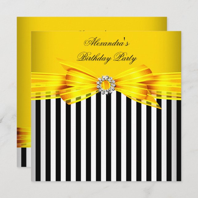 Invitation Superbe Jaune Noir Blancs Fête d'Anniversaire (Devant / Derrière)