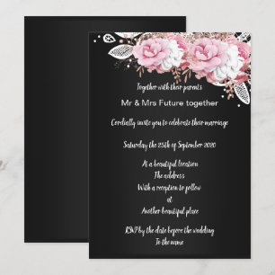Invitation Superbe Mariage de bouquet rose floral noir
