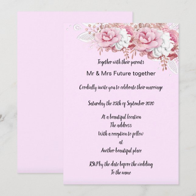 Invitation Superbe Mariage de bouquet rose Pretty (Devant / Derrière)