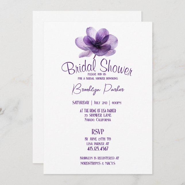 Invitation Superbe Mariage de fleurs violettes (Devant / Derrière)