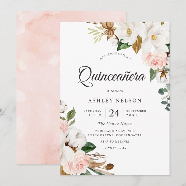 Invitation Superbe Quinceanera Blush & Fleurs Blanches (Devant / Derrière)