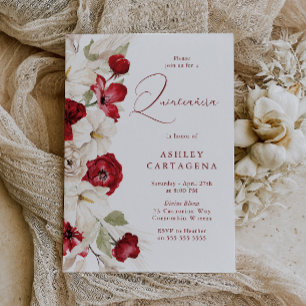 Invitation Superbe Quinceanera Florale Rouge & Blanc