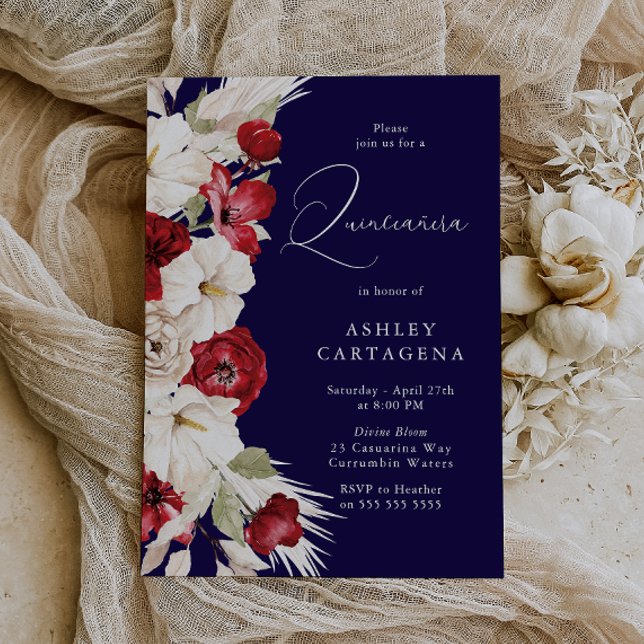 Invitation Superbe Quinceanera Florale Rouge, Blanc & Bleu (Créateur téléchargé)
