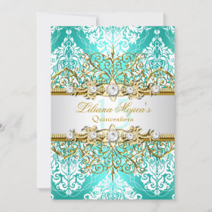 Invitation Superbe Quinceanera Glamour Vintage Sarcelle Or