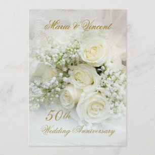 Invitation Superbes roses blanches 50e anniversaire de Mariag