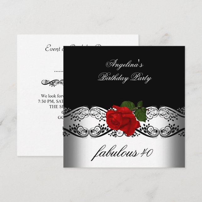 Invitation Superbes Roses de Fête d'Anniversaire Rouge Noir B (Devant / Derrière)