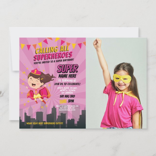 Invitation Superhero Anniversaire Filles roses Super Photo (Devant)