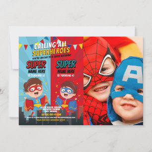 Invitation Superhero Anniversaire Frères Blue Red Photo Boy