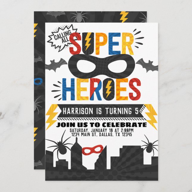 Invitation Superhero Anniversaire Thème (Devant / Derrière)