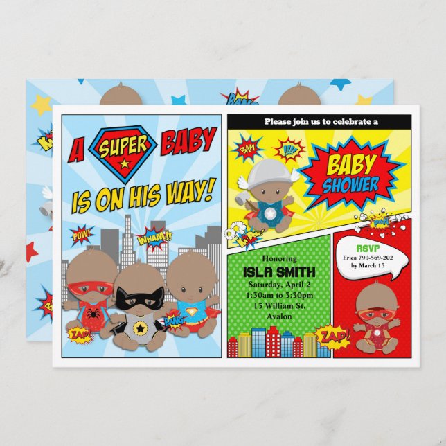Invitation Superhero Baby shower Boy Afro-Américain (Devant / Derrière)