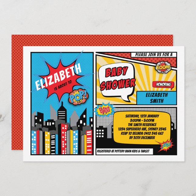Invitation Superhero Baby shower / Superheroes Comic Book (Devant / Derrière)