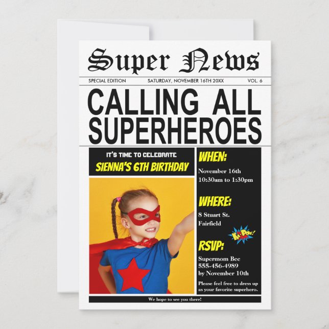 Invitation Superhero Birthday Party Super Hero Girl Boy Photo (Devant)
