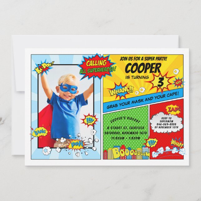 Invitation Superhero Birthday Party Super Hero Photo (Devant)